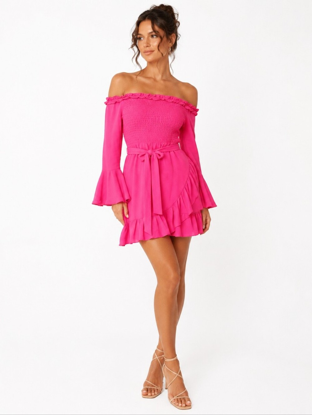 Entro Hot Pink Smocked Off Shoulder Ruffle Bell Sleeve Mini Dress Small